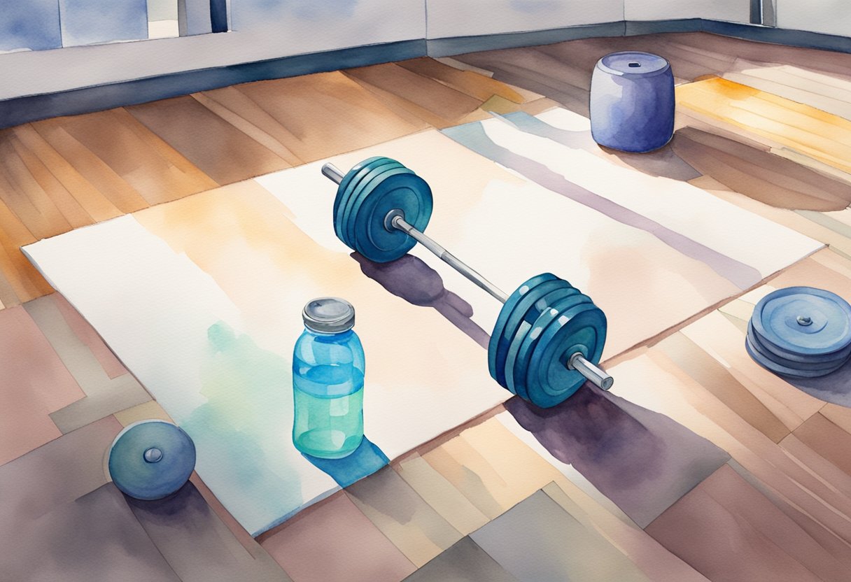 A weightlifting barbell rests on a gym floor, surrounded by plates of varying sizes. A pair of weightlifting gloves and a water bottle sit nearby
