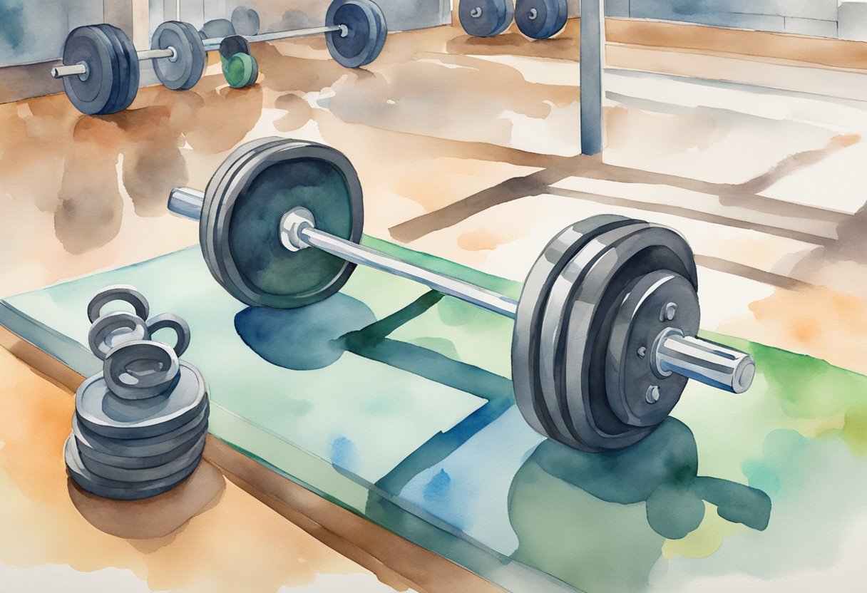 A weightlifting barbell rests on a gym floor, surrounded by various plates and dumbbells. A workout bench and exercise equipment are visible in the background