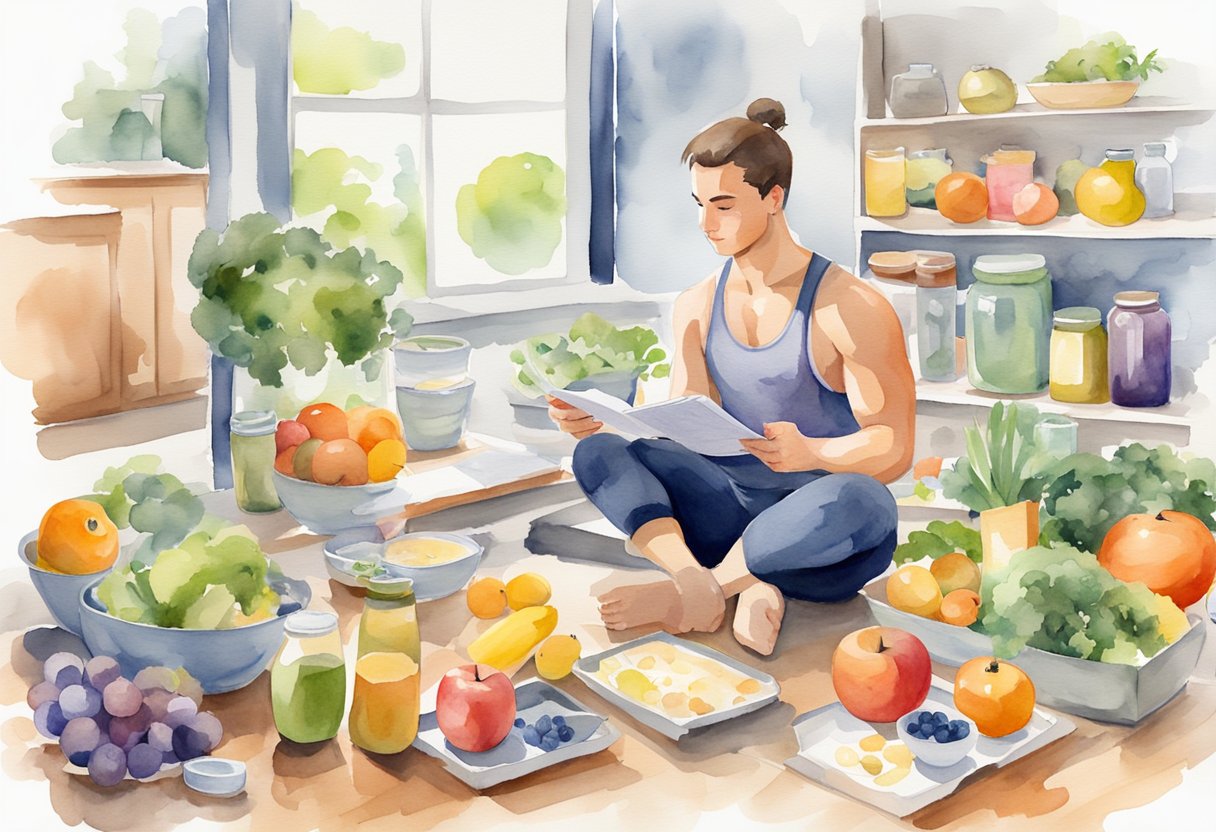 A weightlifting beginner reads a nutrition guide surrounded by recovery tools and healthy food