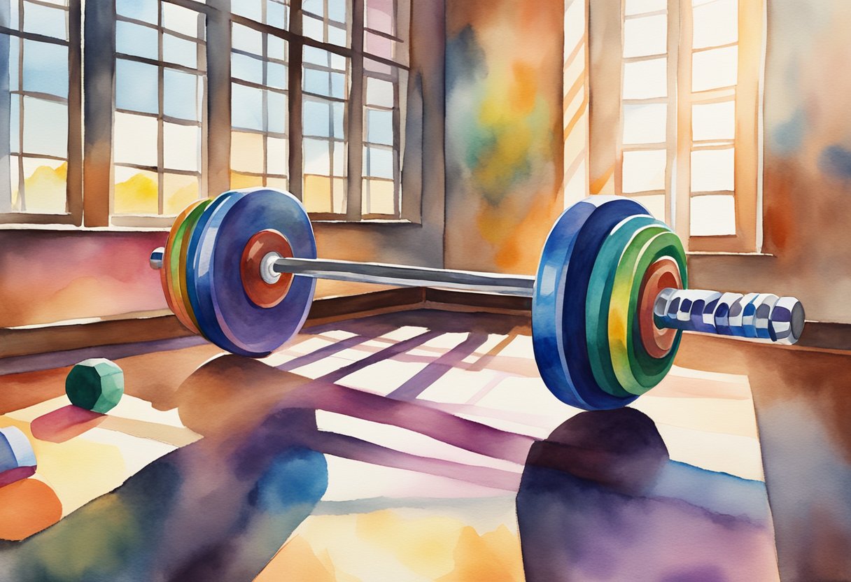 A weightlifting barbell sits on a gym floor, surrounded by colorful dumbbells and resistance bands. Sunlight streams through the windows, casting a warm glow on the equipment