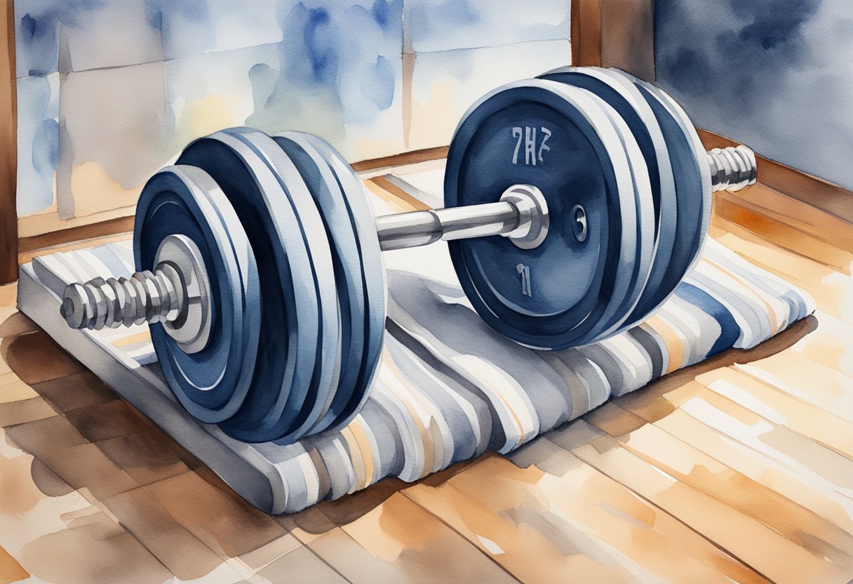 A barbell with weight plates stacked on each side, positioned on a weightlifting bench. A set of dumbbells nearby, and a water bottle and towel on the floor