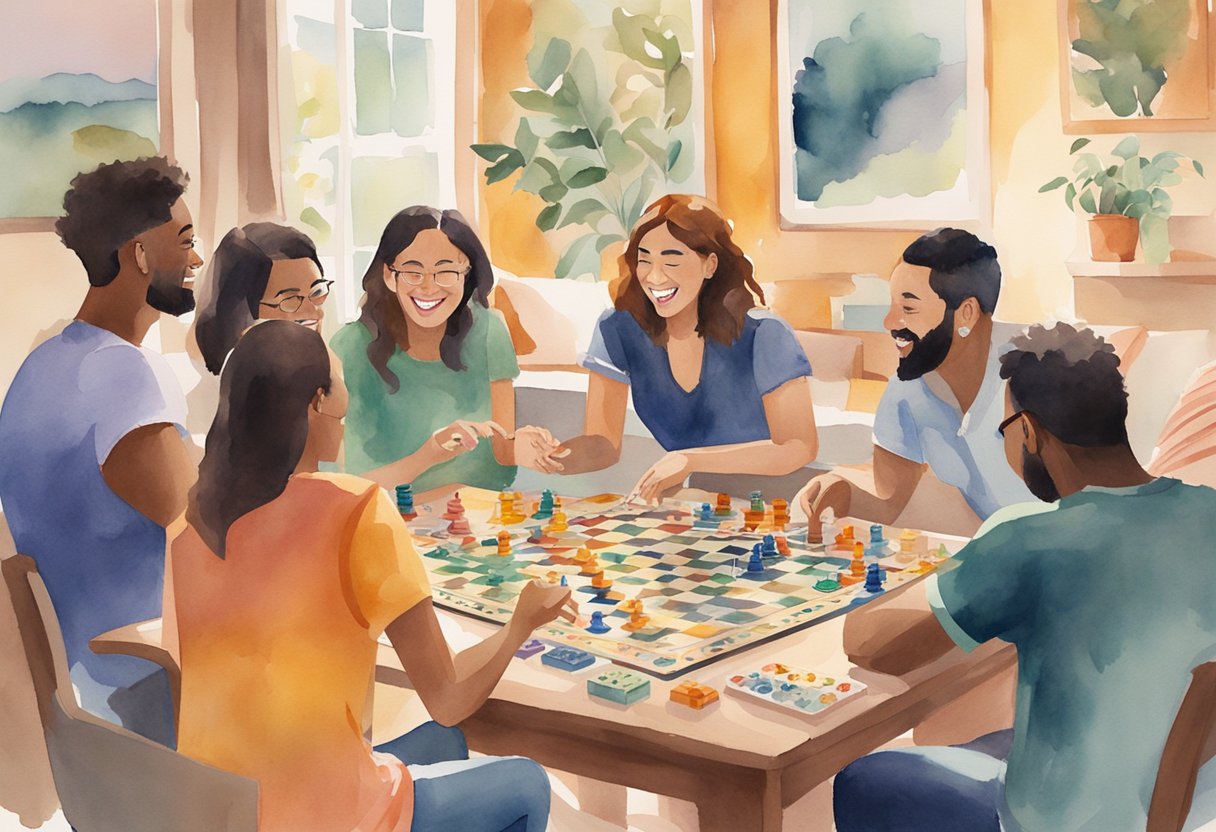 A group of friends gather around a table, laughing and strategizing as they play various board games. The room is filled with colorful game boxes and pieces, creating a fun and inviting atmosphere