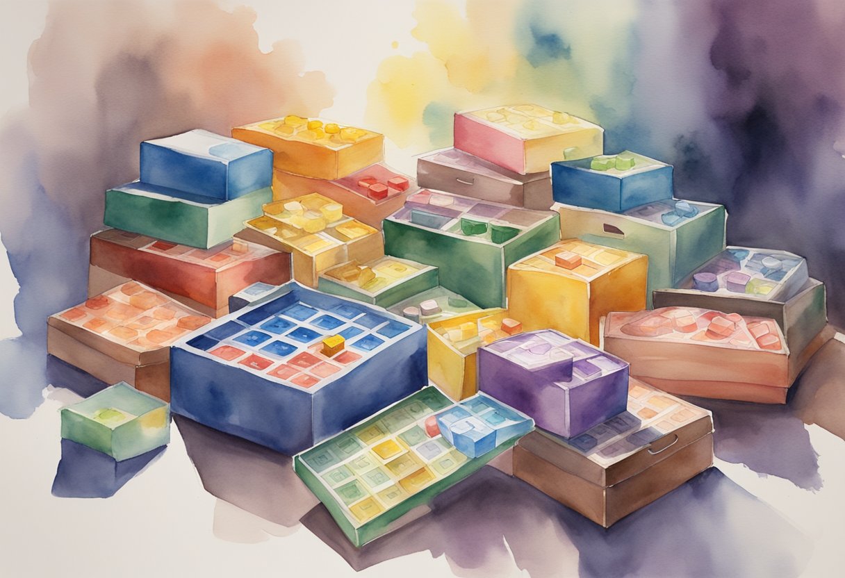 A shelf filled with colorful board game boxes, some open with game pieces spilling out, surrounded by eager players