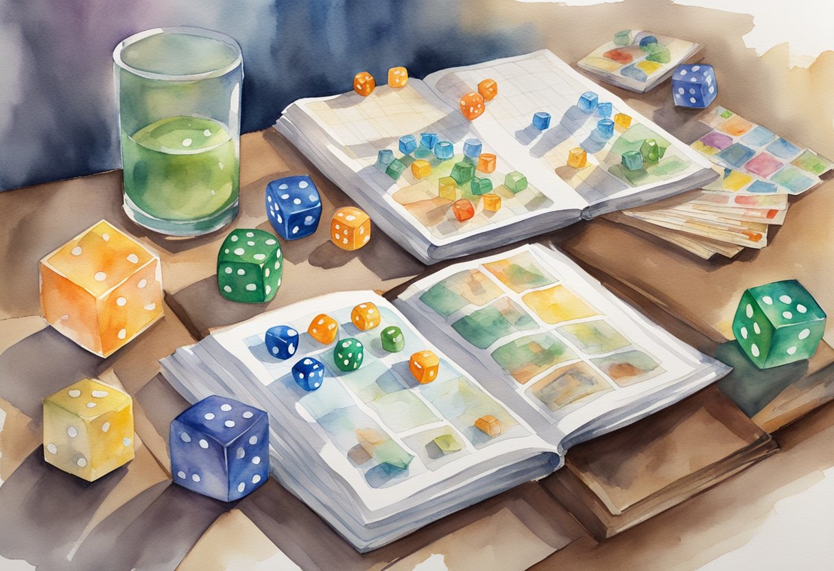 A table set with various board games, rulebooks, and dice. A beginner's guide book open to a page explaining game mechanics