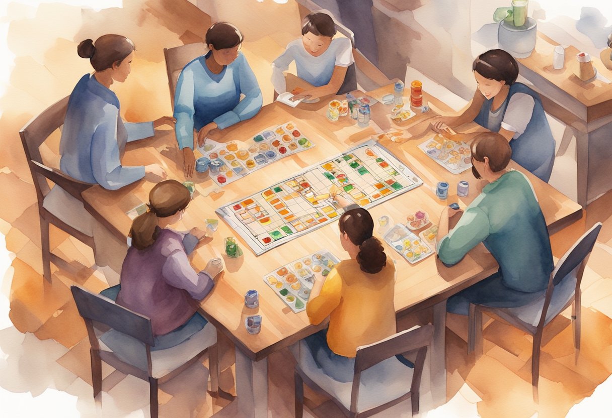 Players lay out game board, pieces, and rulebook on a table, arranging chairs for friends. Snacks and drinks sit nearby