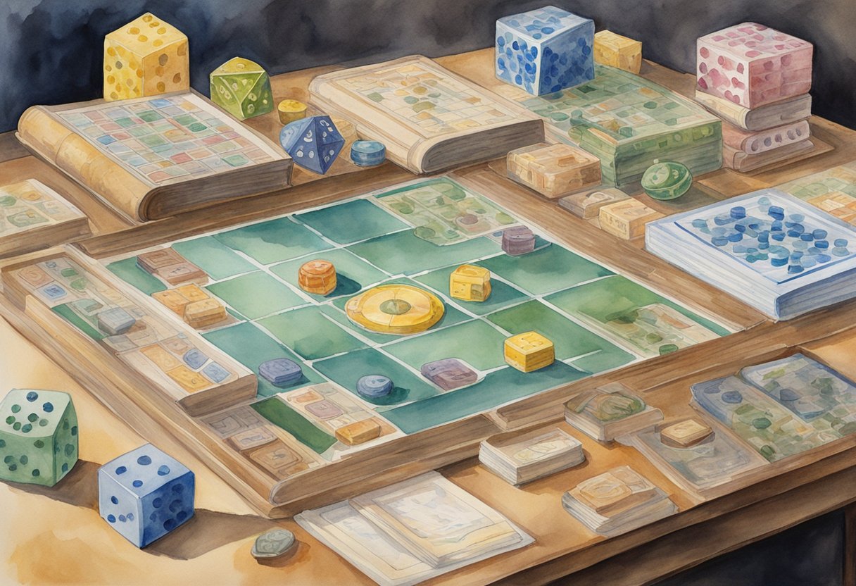 A table with various board games from different time periods arranged in a chronological order. A book titled "The History and Evolution of Board Games" is open next to the games