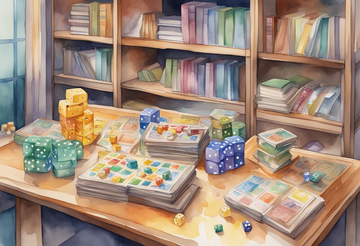 A table with various board games spread out, surrounded by shelves filled with colorful game boxes and rule books. Dice, cards, and game pieces are scattered across the table