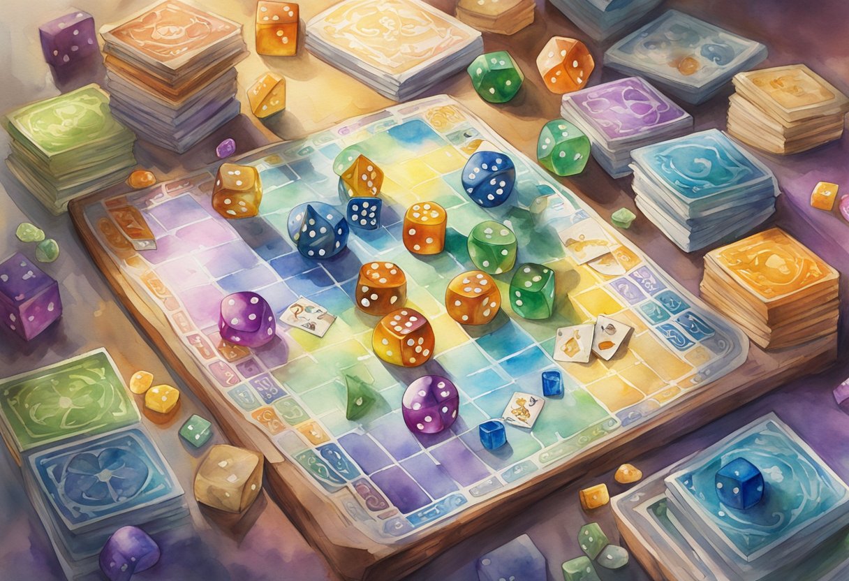 A group of game pieces and dice are arranged on a colorful board, with cards and tokens scattered around. A player's guidebook is open, showcasing different game mechanics