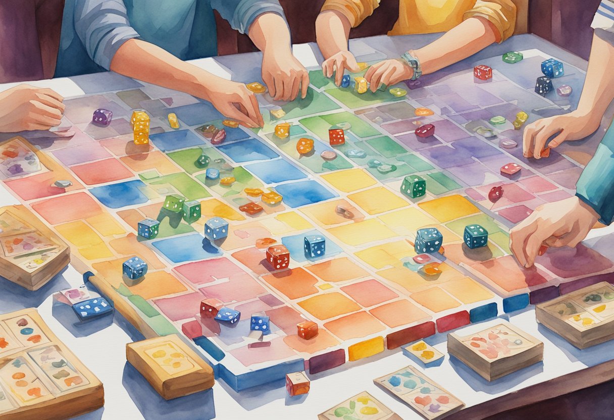 A table with a variety of board games spread out, surrounded by eager players. Dice, cards, and colorful game pieces are scattered across the surface
