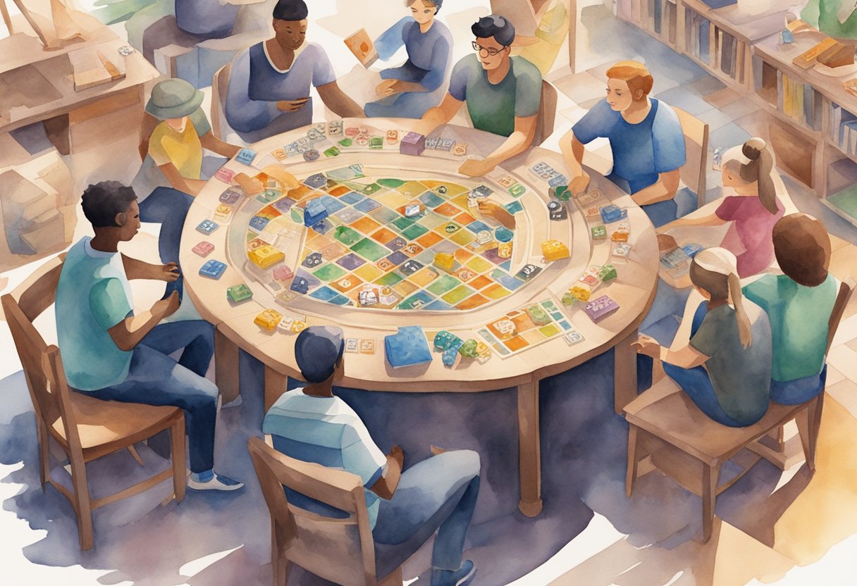 Players gather around a table, immersed in a variety of board games. Boxes, cards, and dice are scattered across the surface as they engage in friendly competition and strategic gameplay