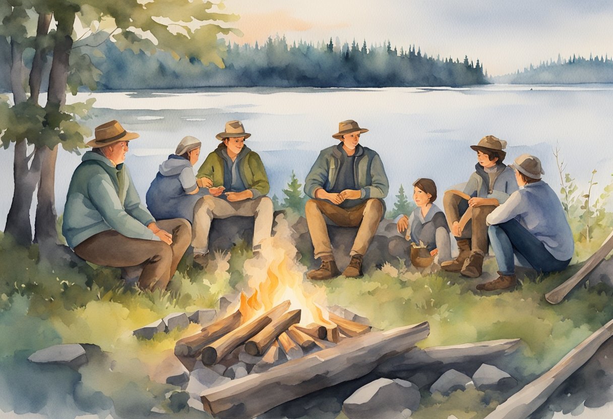 A group of people gathered around a campfire, exchanging stories and playing traditional Canadian games. In the background, a canoe rests on the shore, highlighting the historical significance of outdoor activities in Canada