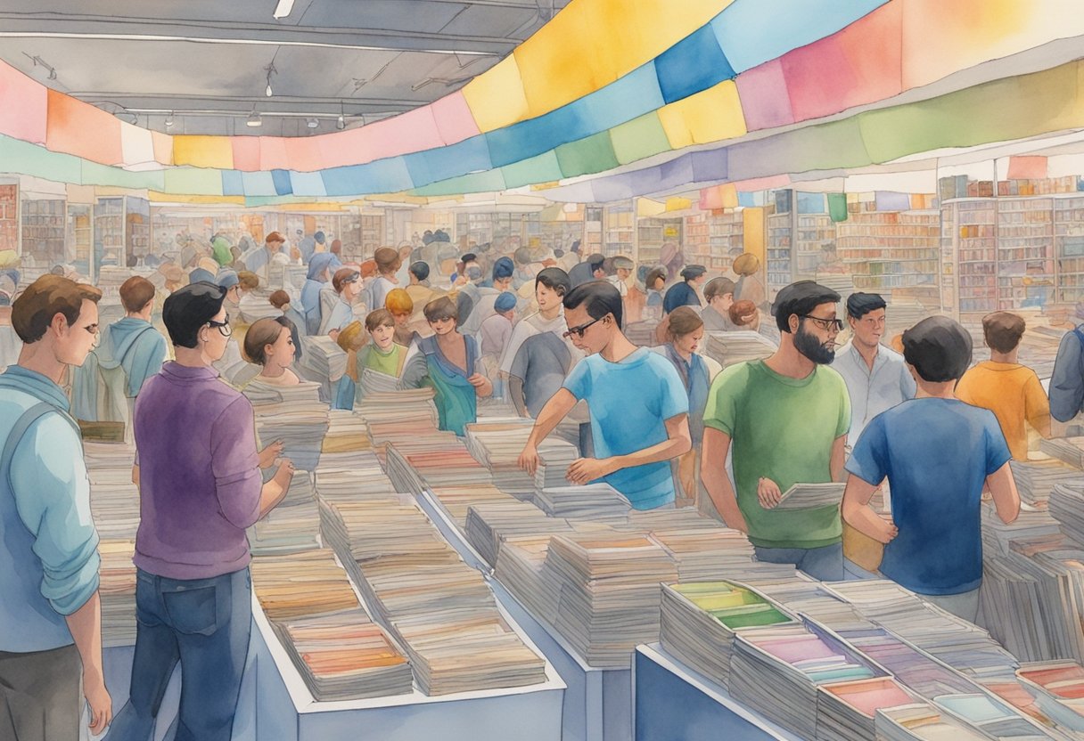 A crowded comic book market with colorful displays and excited buyers browsing through stacks of comic books