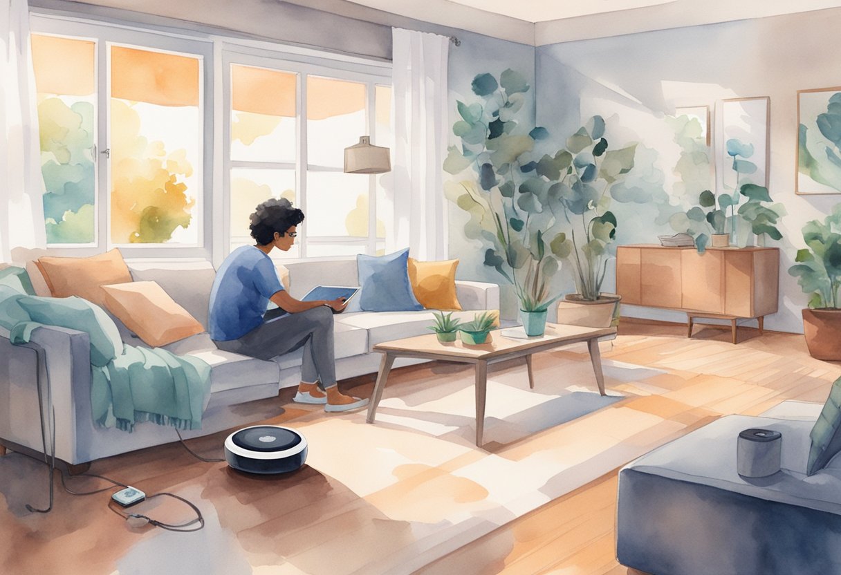 A modern living room with a person using a laptop for online gaming, another person streaming music on a smart speaker, and a robotic vacuum cleaning the floor