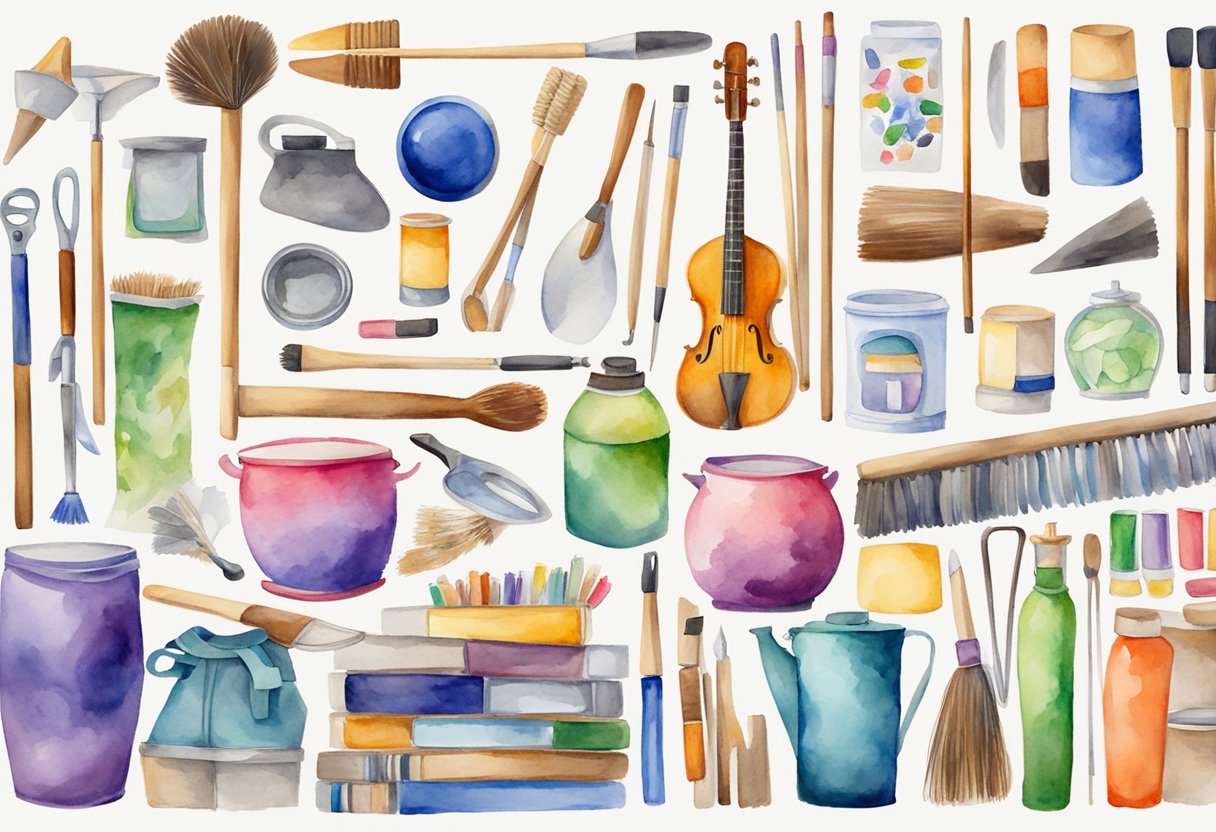 A diverse group of hobby-related items, such as art supplies, sports equipment, musical instruments, and gardening tools, are arranged in a vibrant display, symbolizing the wide range of popular hobbies in Canada