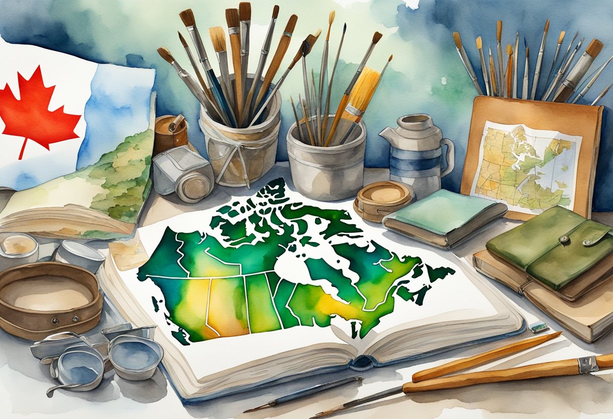 A table with a map of Canada, surrounded by various hobby items such as paintbrushes, knitting needles, and hiking gear. A book on Canadian hobbies is open nearby