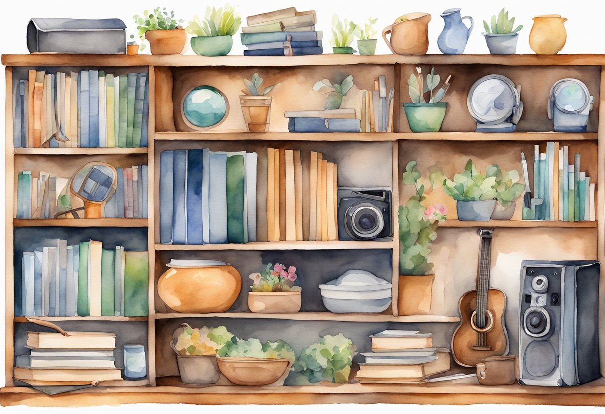 A bookshelf with various hobby-related items - a camera, paintbrushes, gardening tools, musical instruments, and sports equipment