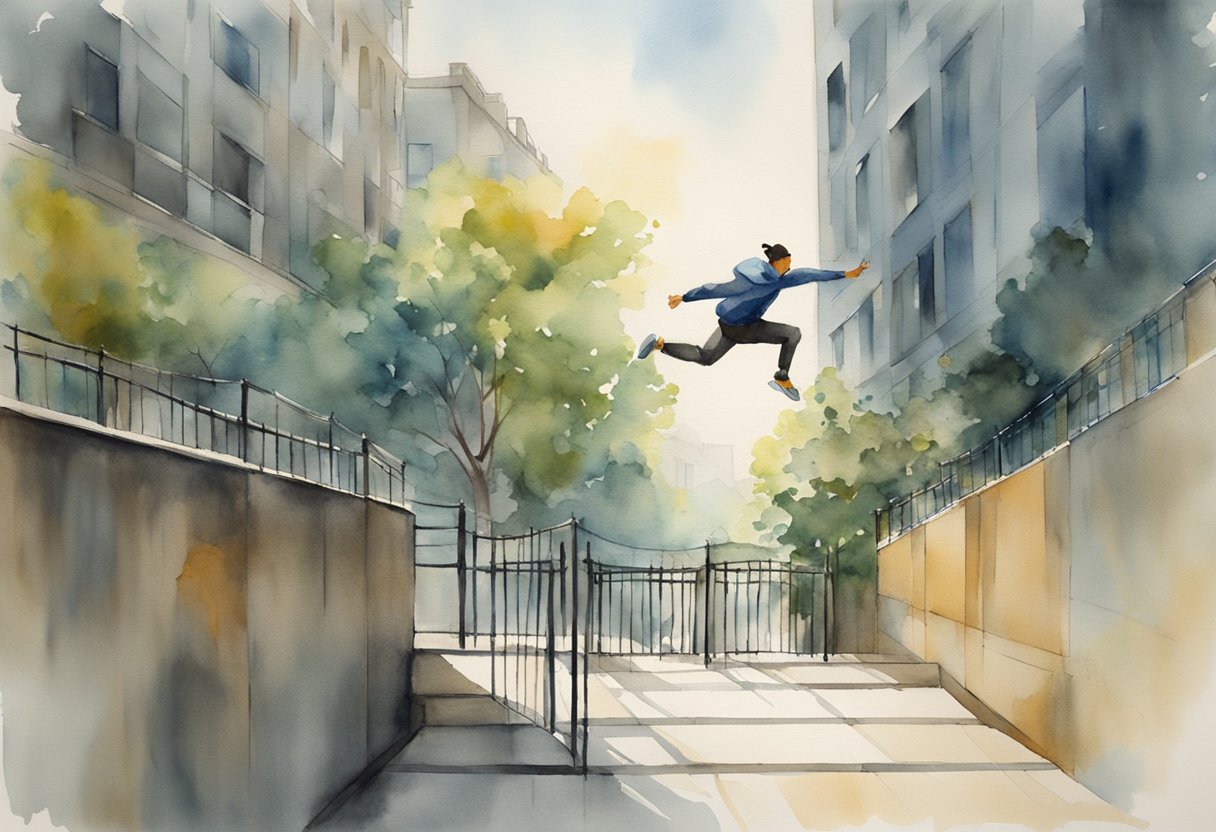 A figure leaps over obstacles in an urban environment, using walls and railings to propel themselves forward in a display of agility and athleticism