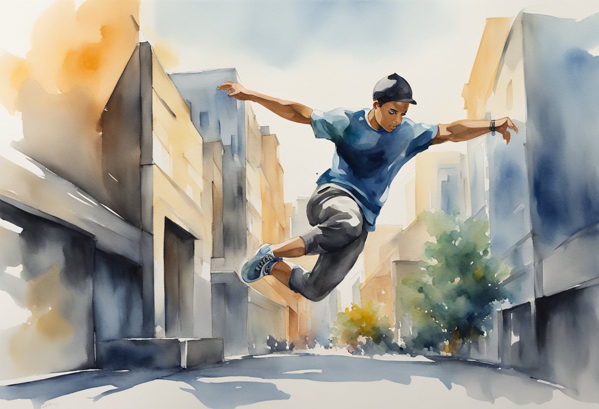 A figure leaps effortlessly across urban obstacles, demonstrating fluid movement and precision. The parkour practitioner showcases agility and strength in their environment