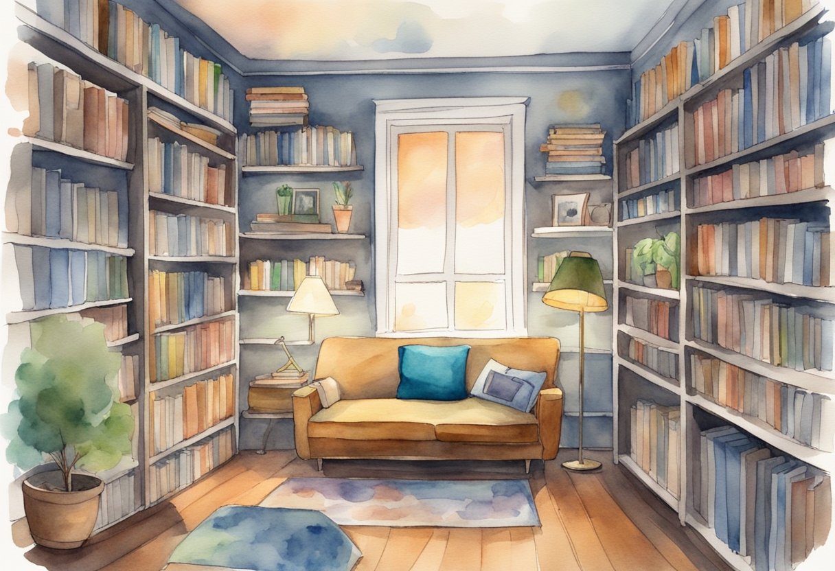 A room with shelves filled with colorful comic books, a cozy reading nook with a comfortable chair and a lamp, and a small table with a magnifying glass and a notebook for keeping track of the collection