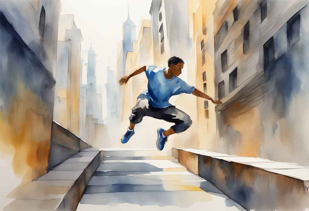 A figure leaps over urban obstacles, using precise movements and agility. They navigate through the cityscape, demonstrating the basics of parkour