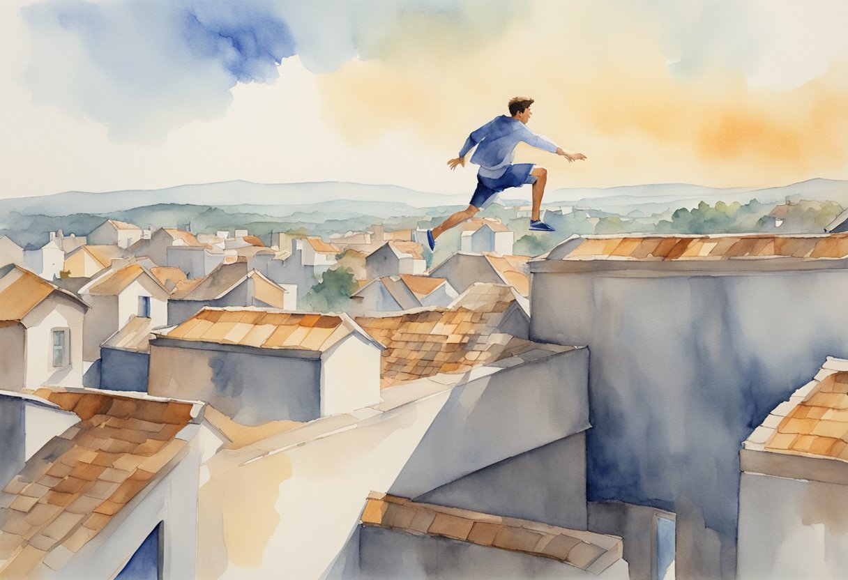 A figure leaps across rooftops, vaulting over obstacles and scaling walls with agility and precision