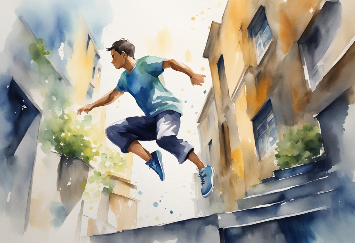 A figure leaps between urban obstacles, fluidly navigating the environment with precision and agility. The scene is filled with energy and determination, showcasing the dynamic nature of parkour as a hobby