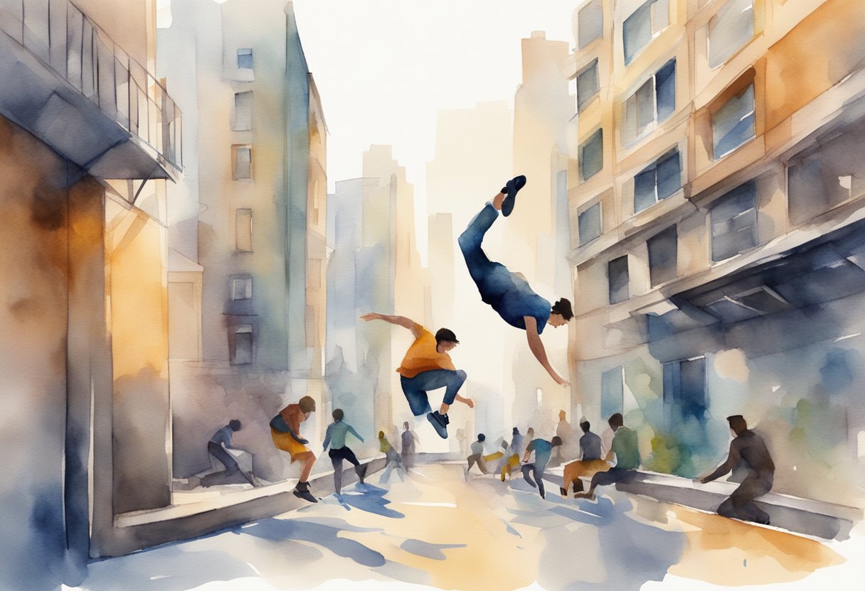 People practicing parkour in urban setting: jumping, climbing, and vaulting obstacles. Dynamic movements and fluidity. Cityscape in background