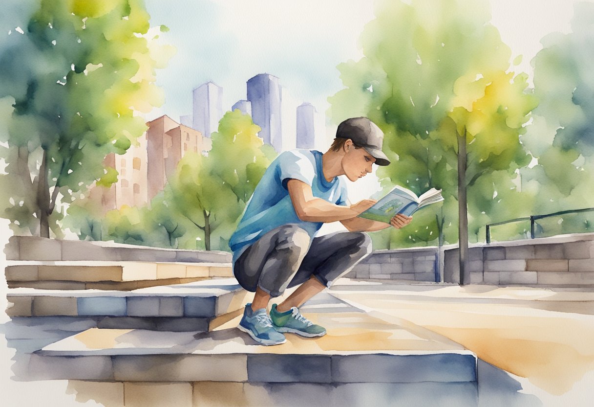 A parkour beginner reads a guidebook near a city park, surrounded by urban obstacles and a supportive community