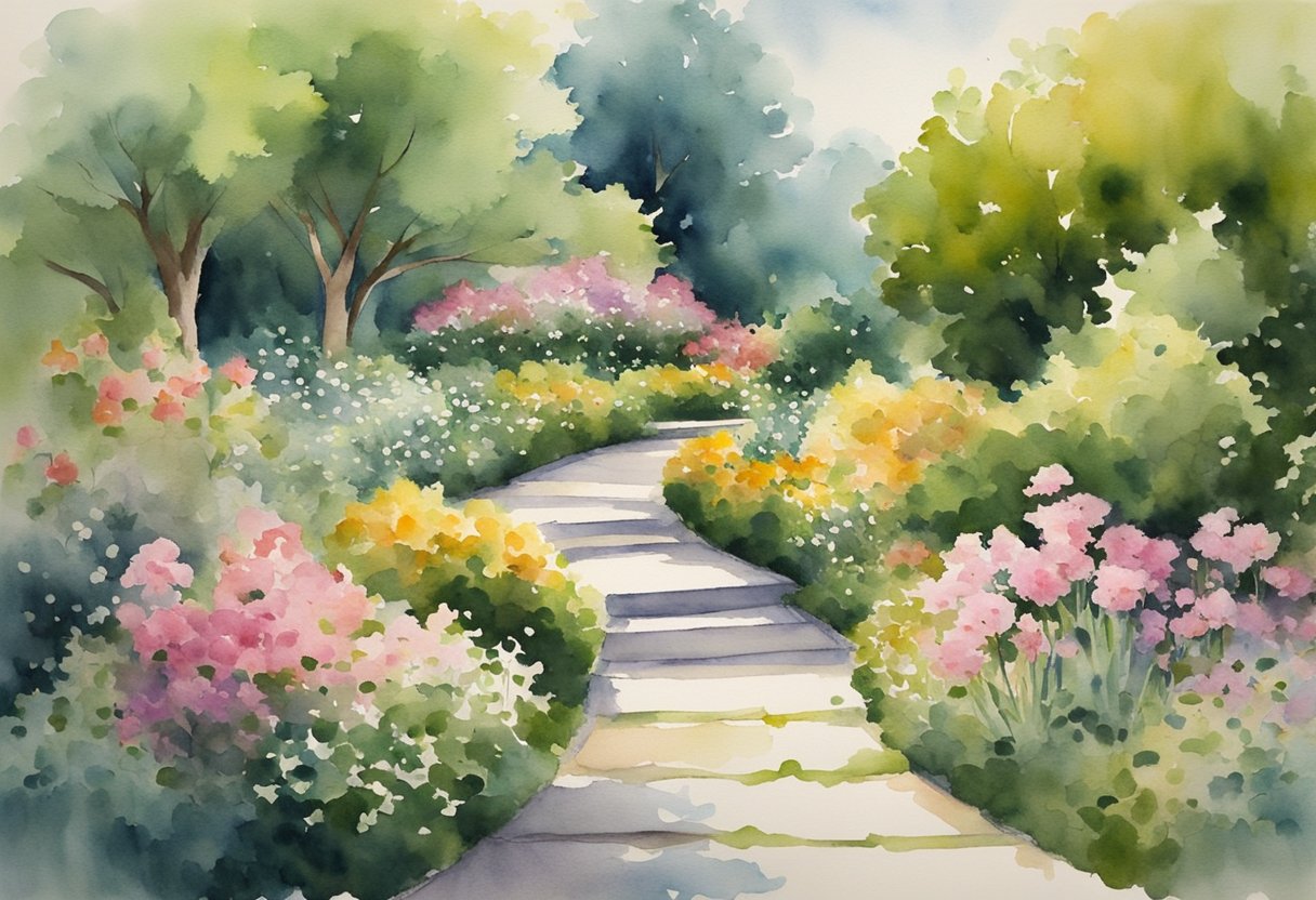 A serene garden with a winding path, surrounded by lush greenery and blooming flowers. A gentle breeze rustles the leaves as a peaceful atmosphere envelops the scene