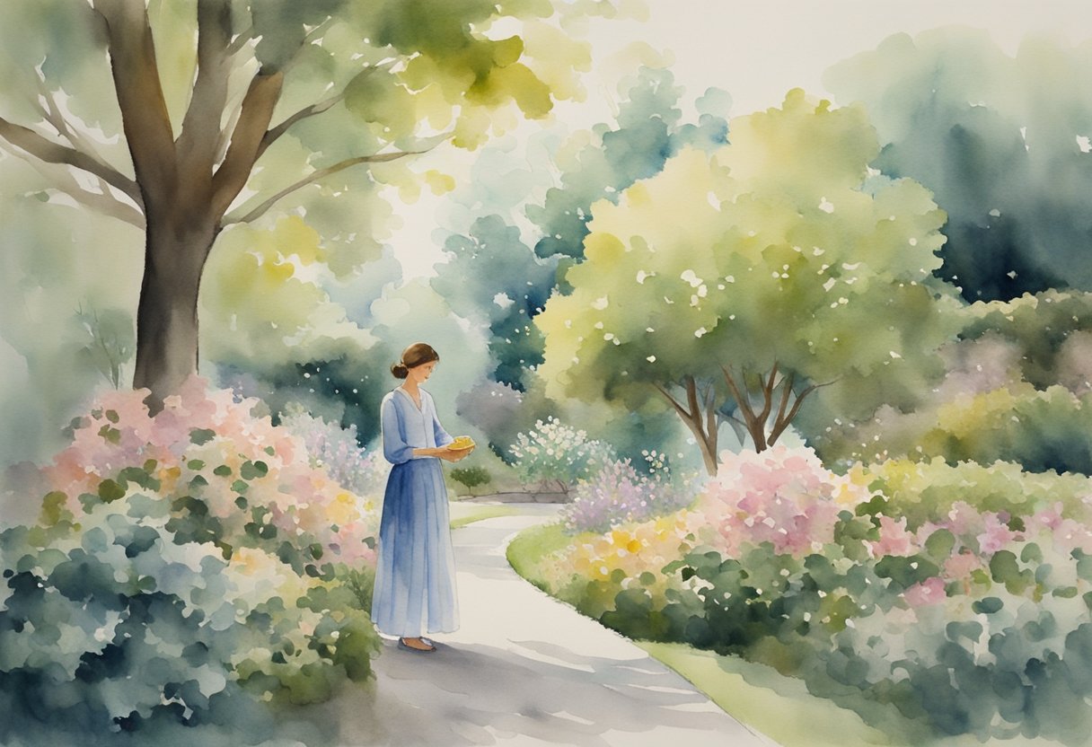 A serene garden with a peaceful atmosphere. A figure in flowing clothing practices slow, deliberate movements. Surrounding trees and flowers add to the tranquil setting