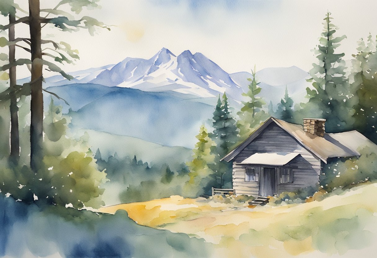 A serene mountaintop with a clear blue sky, a lone cabin nestled among the trees, and a figure standing outside, arms raised in a yodeling pose