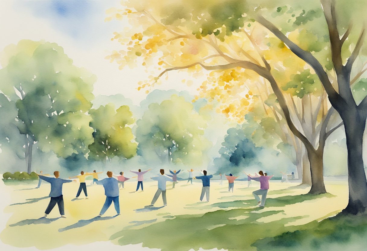 A group of people gather in a peaceful park, practicing Tai Chi in synchronized movements, surrounded by serene nature