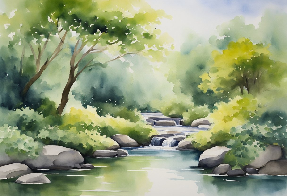 A serene garden with a flowing stream, surrounded by lush greenery and peaceful atmosphere. A sense of tranquility and focus emanates from the scene, evoking the essence of Tai Chi practice