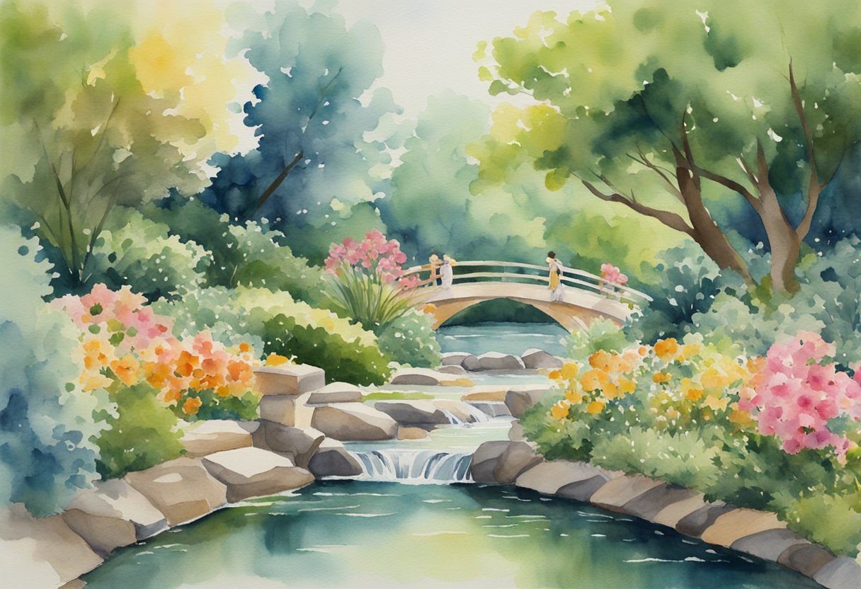 A serene garden with a flowing stream, surrounded by lush greenery and blooming flowers. A figure practices Tai Chi, moving gracefully and with intention