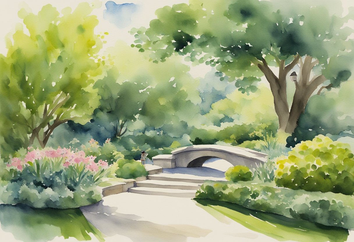 A serene garden with a flowing stream and lush greenery, with a figure practicing Tai Chi in the distance. A book titled "Frequently Asked Questions Beginner's Guide to Tai Chi as a Hobby" lies open on a nearby bench