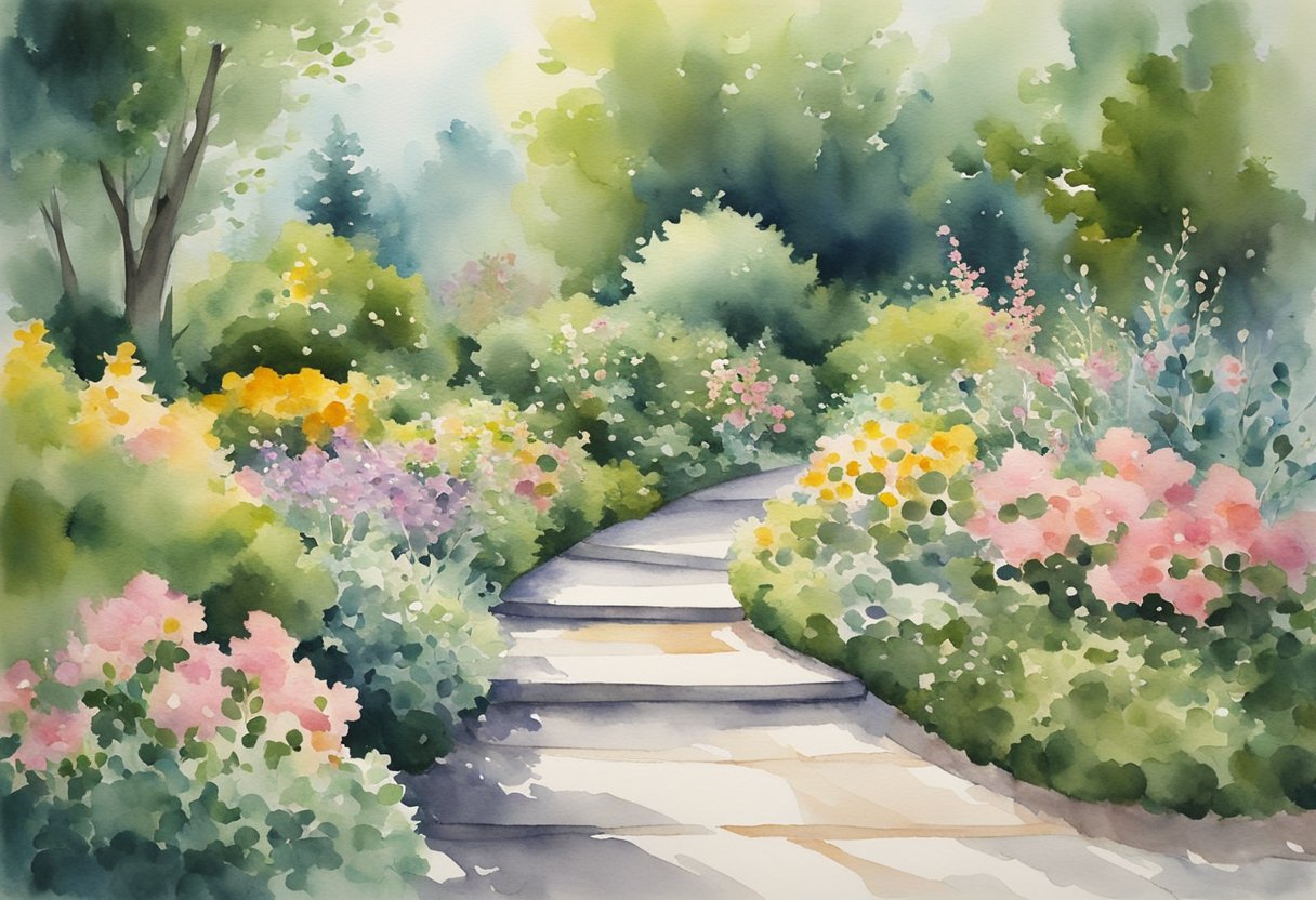 A serene garden with a winding path, surrounded by lush greenery and blooming flowers. A gentle breeze rustles the leaves as a figure moves gracefully through a series of flowing, meditative movements