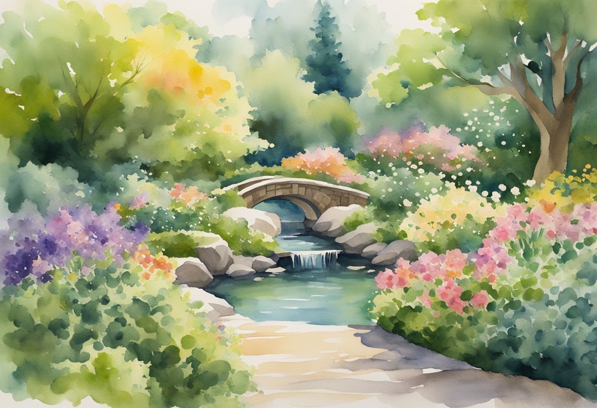 A serene garden with a flowing stream, surrounded by lush greenery and blooming flowers. A figure practices Tai Chi in the peaceful setting