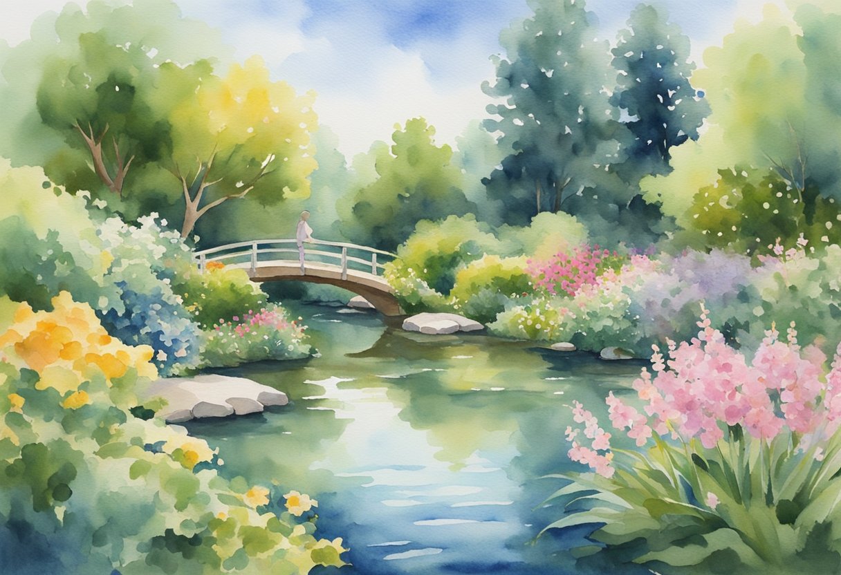 A serene garden with a flowing stream, surrounded by lush greenery and blooming flowers. A figure in the distance practices Tai Chi, moving gracefully and harmoniously with the natural surroundings