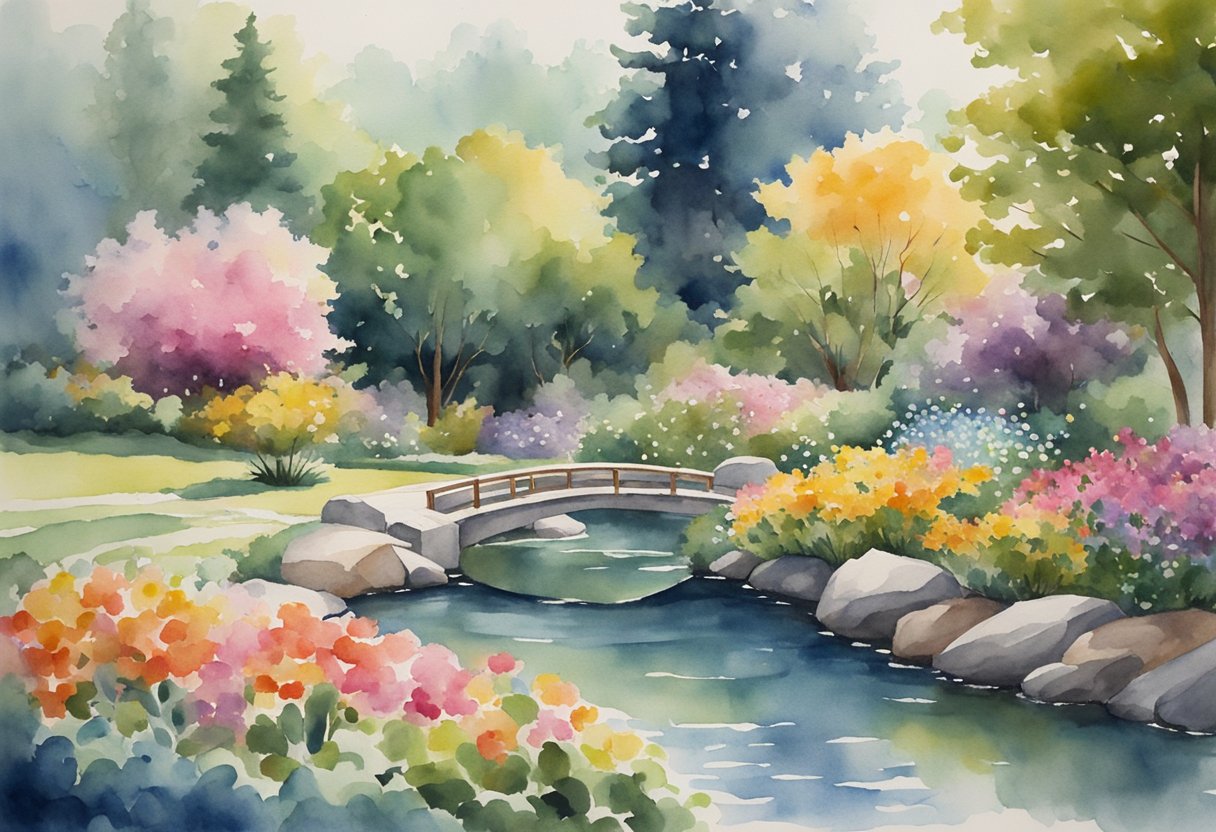 A serene garden with a flowing stream, surrounded by tall trees and colorful flowers. A person practicing Tai Chi in the peaceful setting