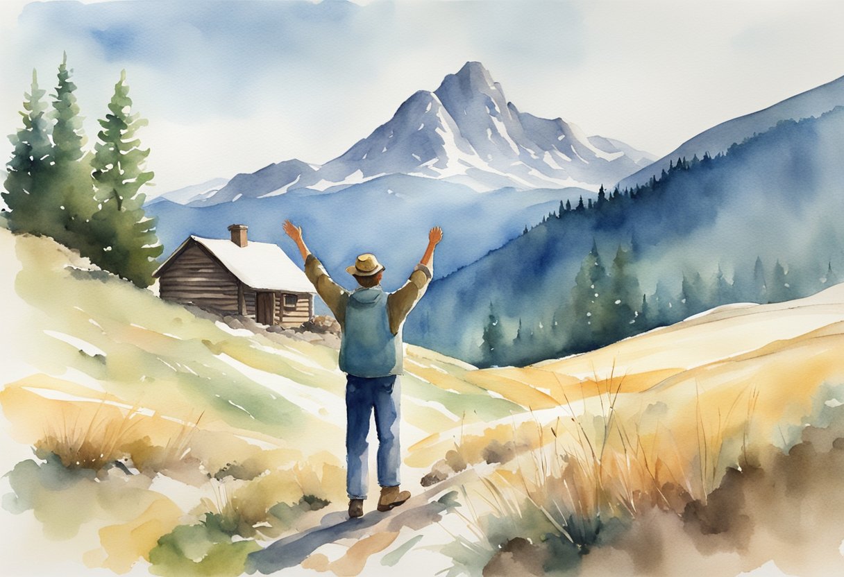 A picturesque mountain landscape with a clear blue sky, a cozy cabin, and a figure standing on a hillside, arms raised in a yodeling pose