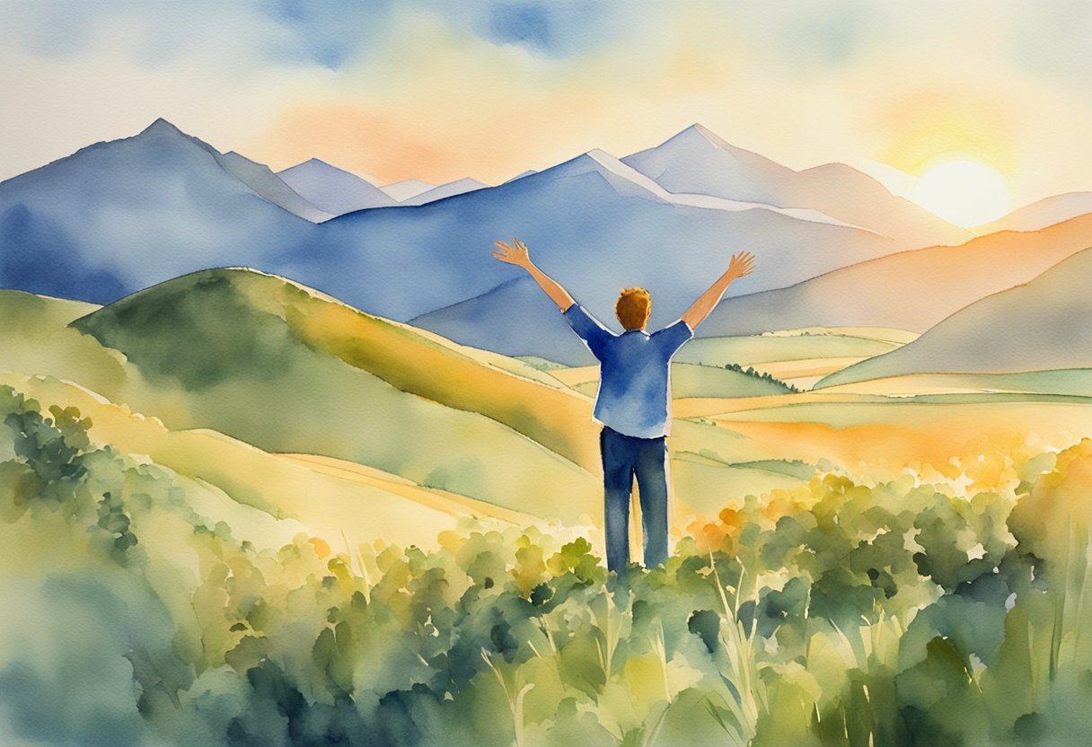 A picturesque mountain landscape with a lone figure standing on a grassy hill, arms outstretched, mouth open in a joyful yodel. The sun setting behind the peaks casts a warm glow over the scene