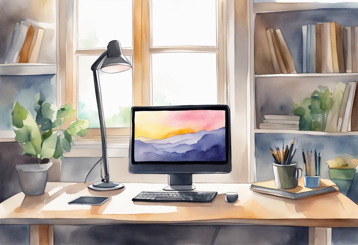 A desk with a computer, graphics tablet, and stylus. A shelf with art supplies. Natural light from a window. Comfortable chair