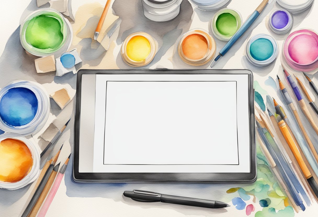 A digital tablet with a stylus, displaying a blank canvas on a computer screen, surrounded by various art supplies and reference materials