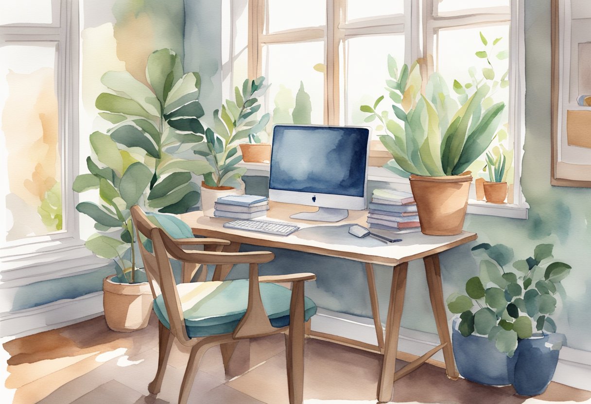 A desk with a computer, tablet, and stylus. A comfortable chair, natural light, and a plant create a cozy workspace. A bookshelf filled with art supplies and inspirational books