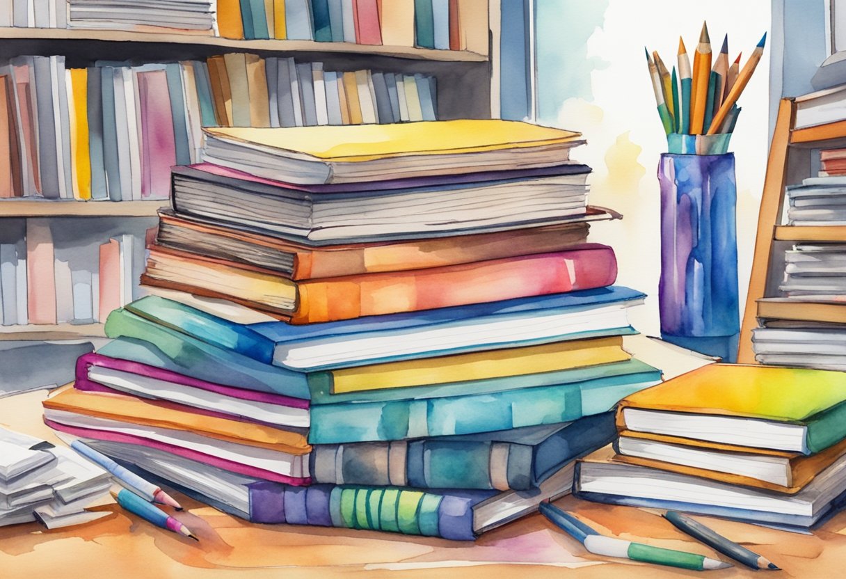 A colorful stack of comic books sits on a table, surrounded by art supplies and reference books. A beginner's guide to comic books is open, with pages filled with tips and advice