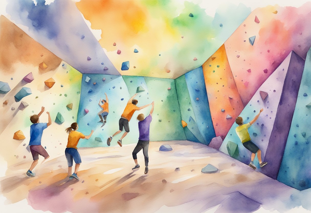 A colorful bouldering gym with climbers cheering each other on, chalk dust in the air, and vibrant climbing holds on a textured wall