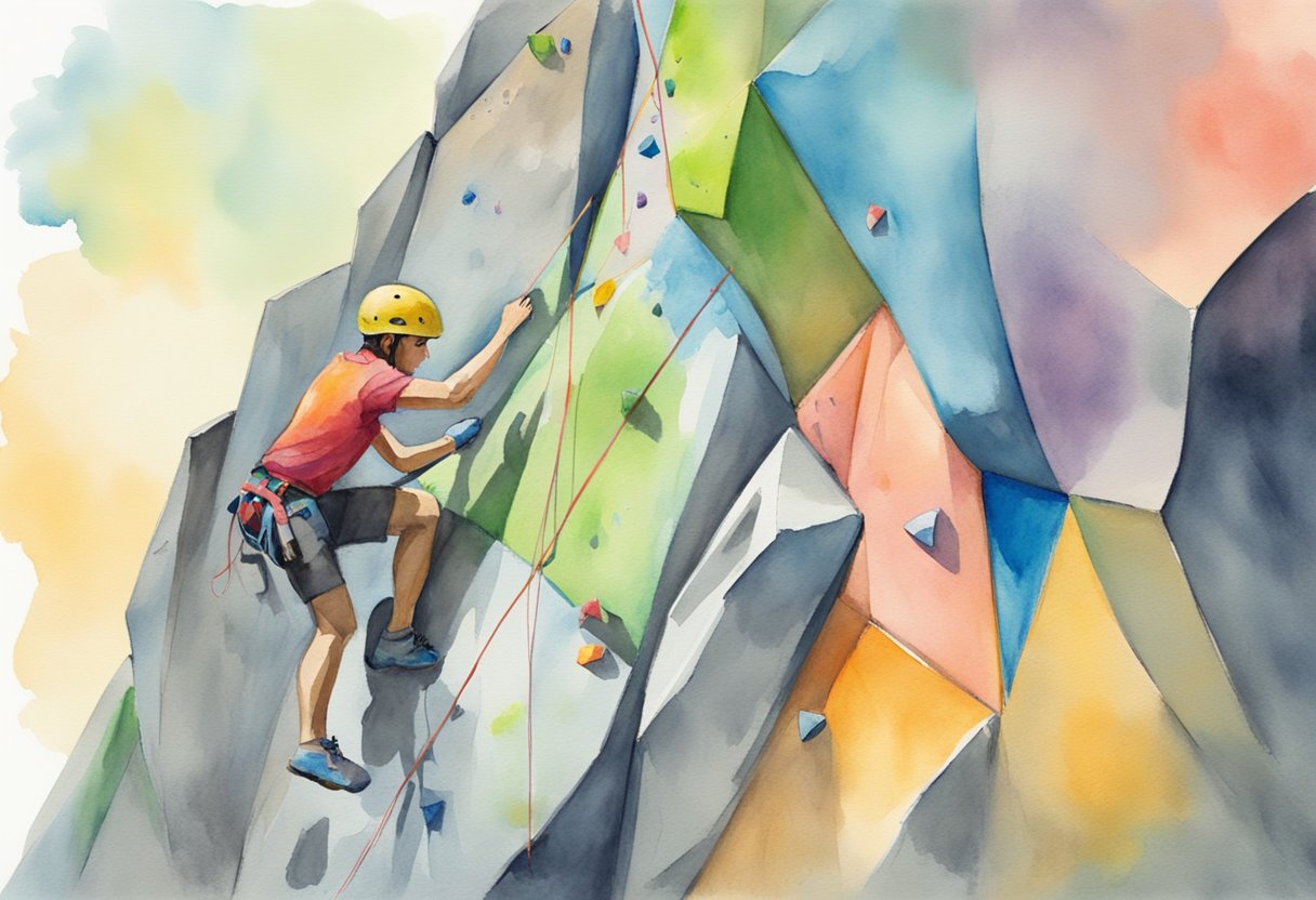 A climber scales a boulder, using chalk to grip holds. Crash pads are placed below for safety. Challenging routes are marked with colorful tape