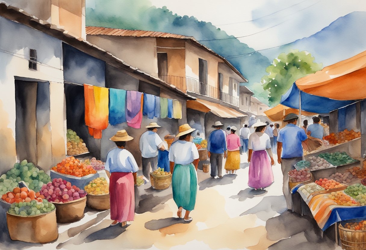 A group of people hiking through lush, tropical forests, passing by ancient ruins and vibrant markets, with a backdrop of towering mountains and cascading waterfalls