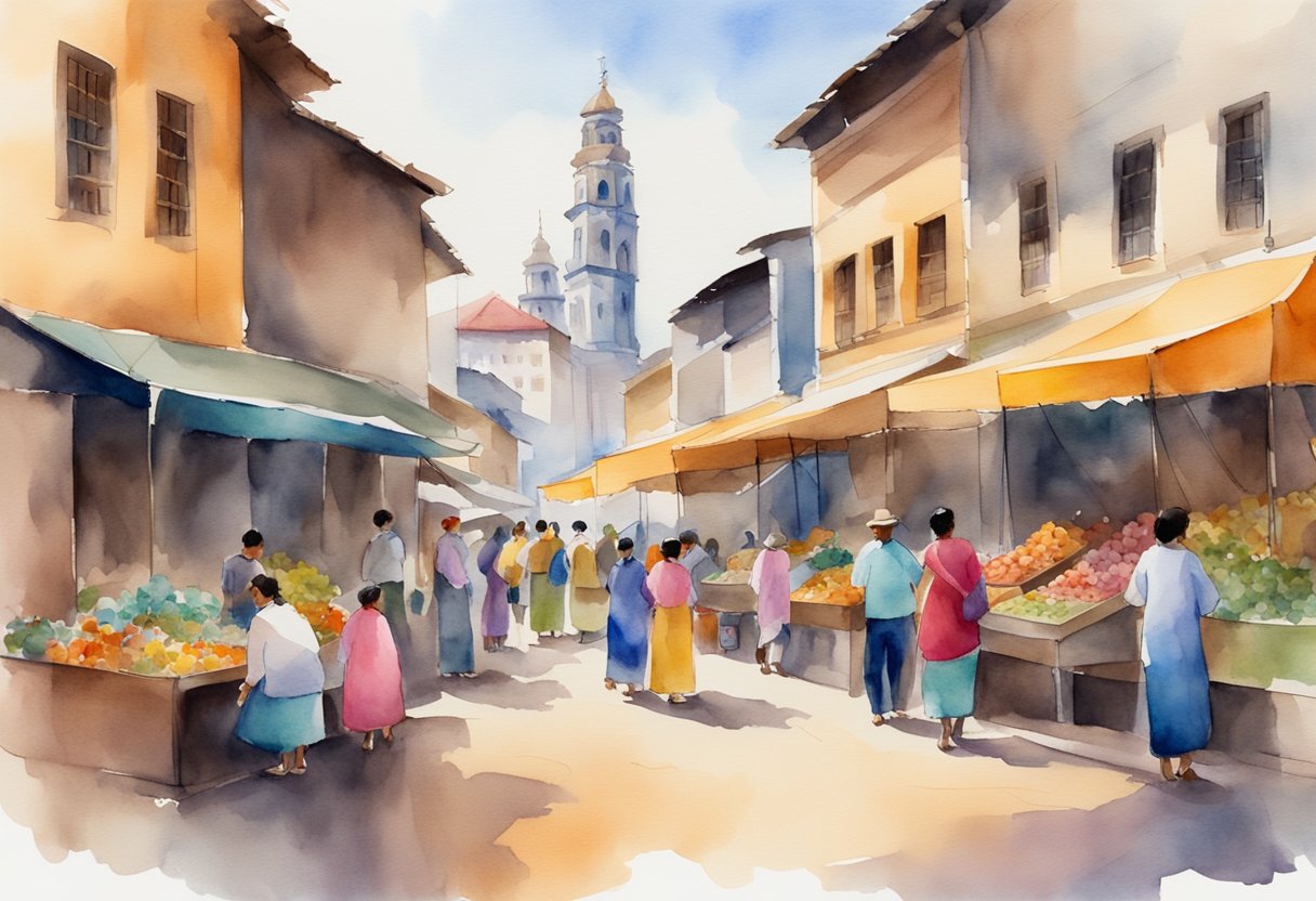 A vibrant street market with colorful crafts, traditional music, and locals sharing stories. A historic building stands tall in the background, inviting exploration