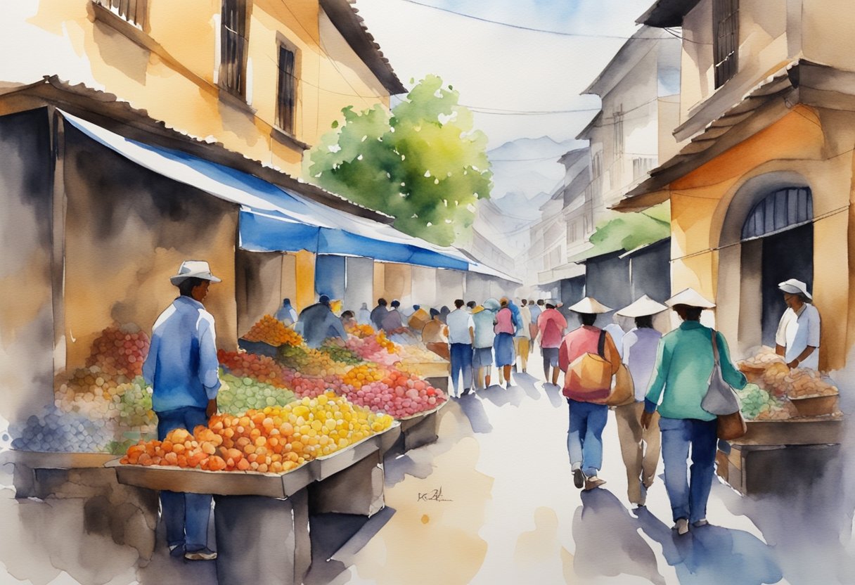 A bustling Colombian market lined with colorful stalls selling traditional crafts and foods, surrounded by historic buildings and vibrant street art